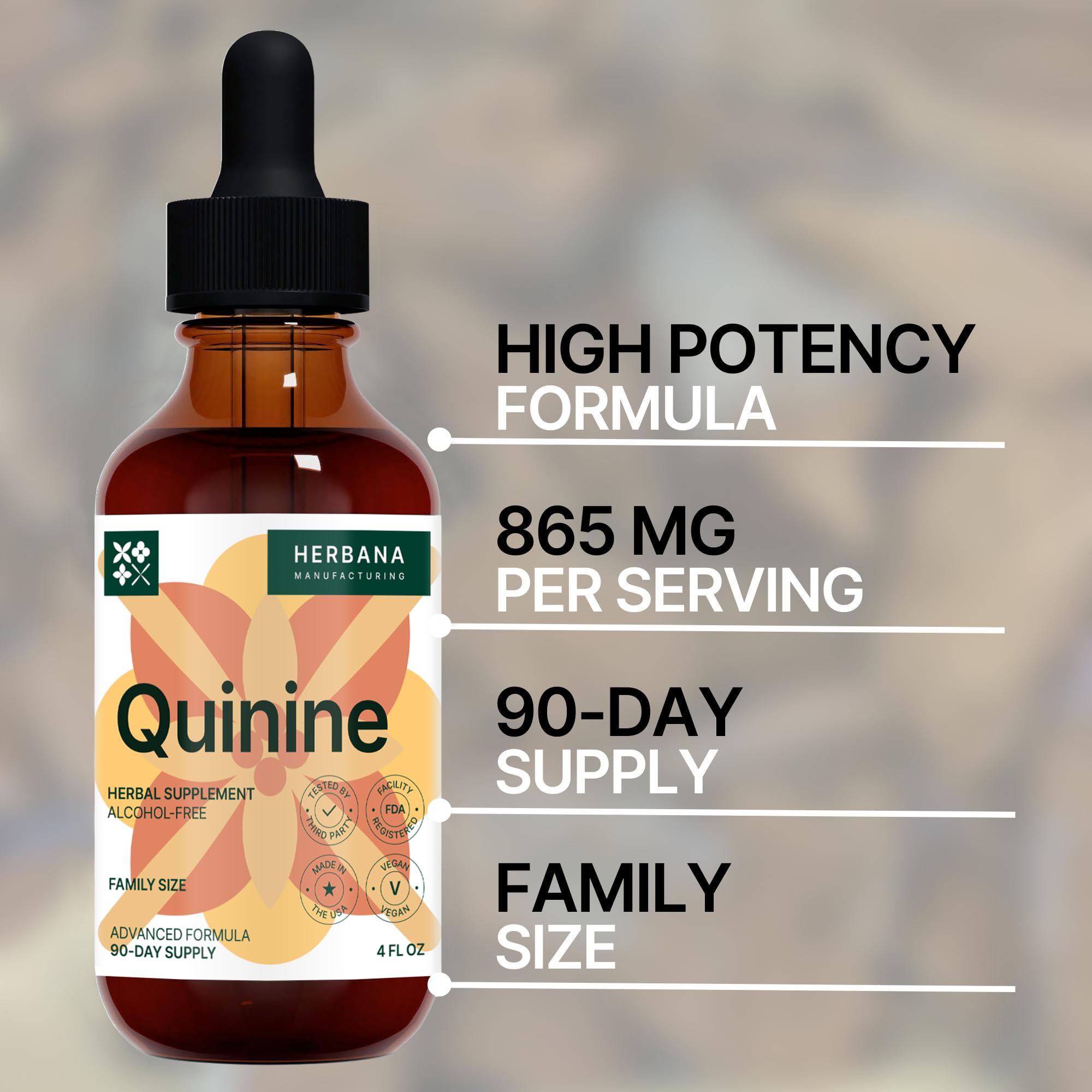 Herbana Quinine bottle pour showing easy dosing for cramps relief.