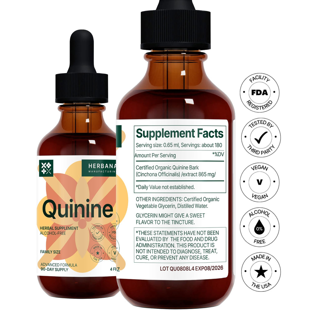 Herbana Quinine bottle on kitchen counter ready for daily use.