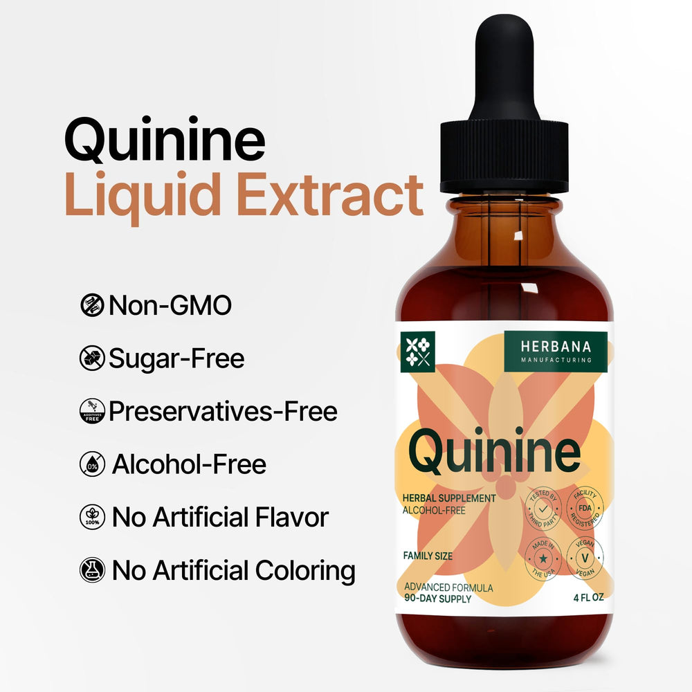 Herbana Quinine dropper dispensing into glass for fast absorption.