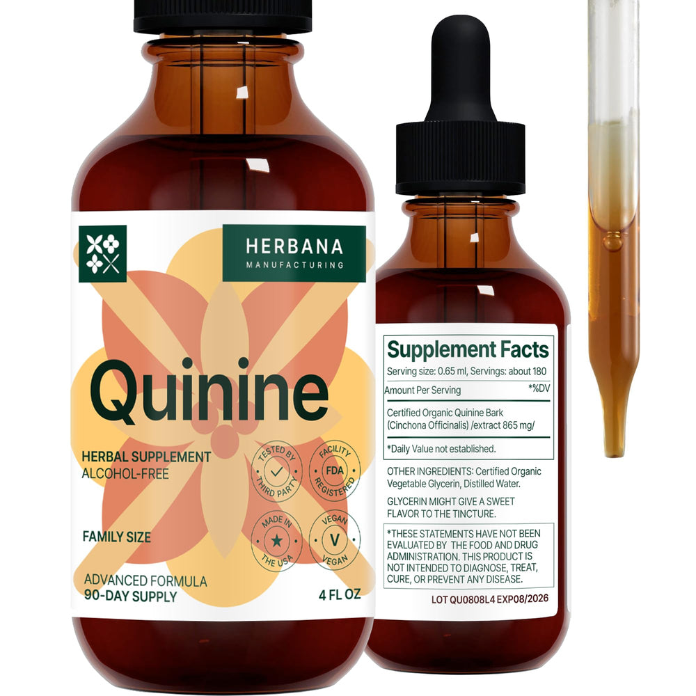 Herbana Quinine liquid extract with dropper labeled for fast dosing.