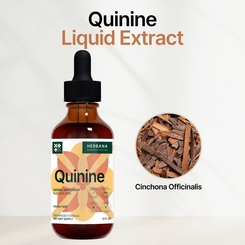 Herbana Quinine dropper with Cinchona bark extract ingredients list.