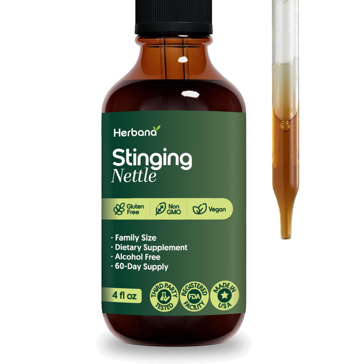 HERBANA Stinging Nettle Leaf liquid bottle pour supports daily wellness.