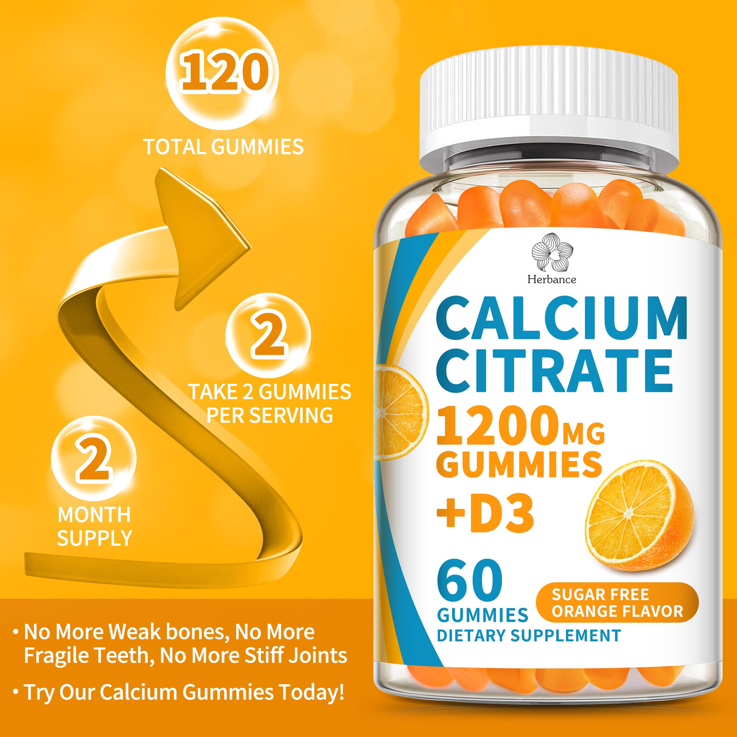 Herbance calcium citrate gummies display non-GMO ingredients and clean formulation.