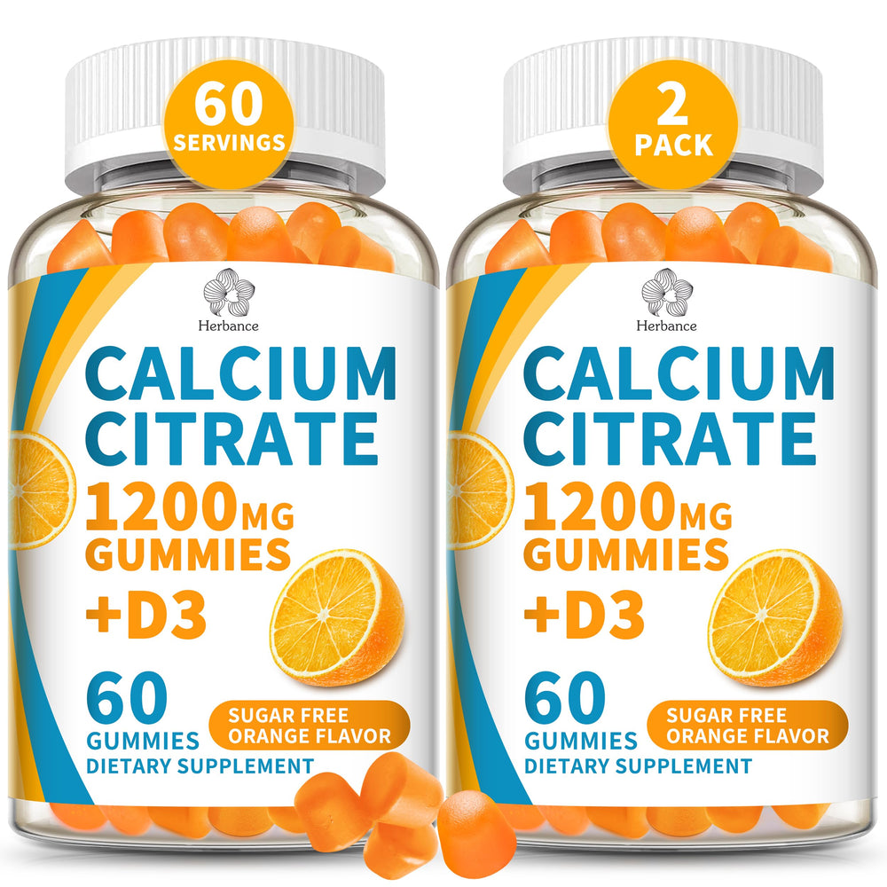 Herbance calcium citrate gummies in orange bottle provide easy daily calcium support.