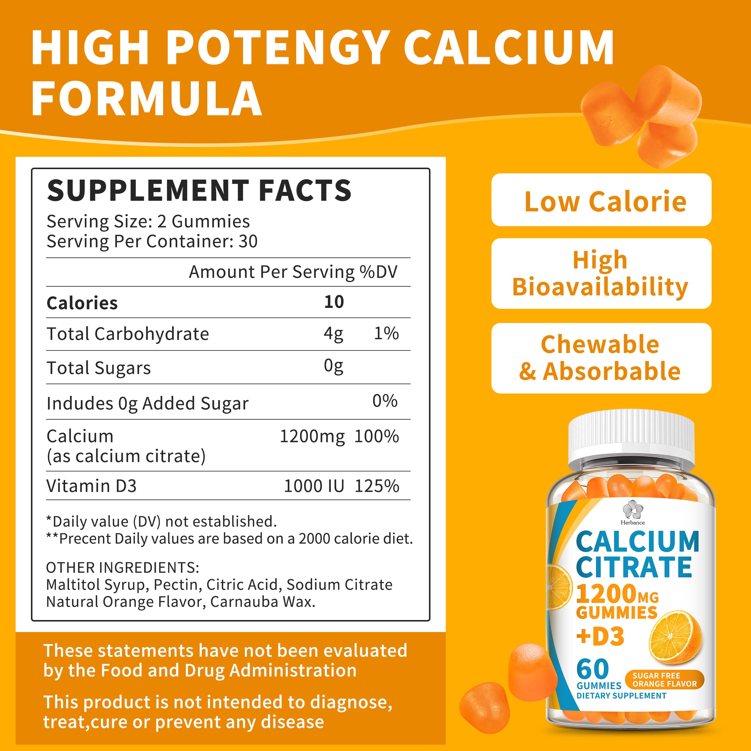 Herbance calcium citrate gummies close-up shows a tasty sugar-free orange gummy for daily use.