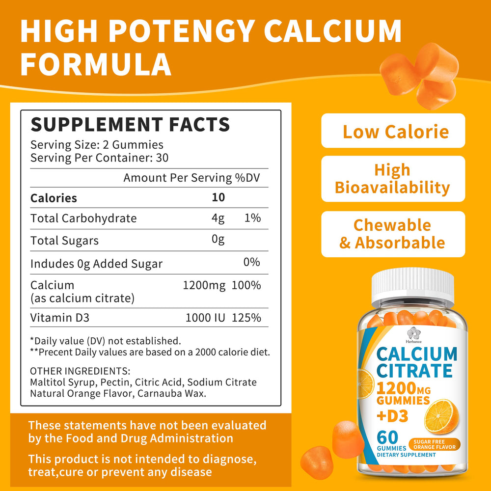 Herbance calcium citrate gummies close-up shows a tasty sugar-free orange gummy for daily use.
