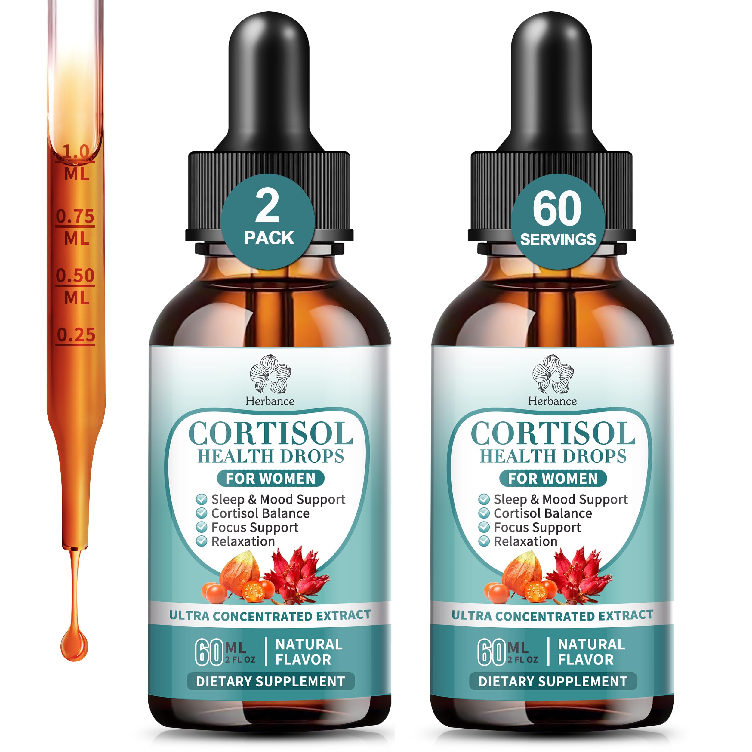 Herbance Cortisol Drops bottle pour shows easy dosing for daily balance