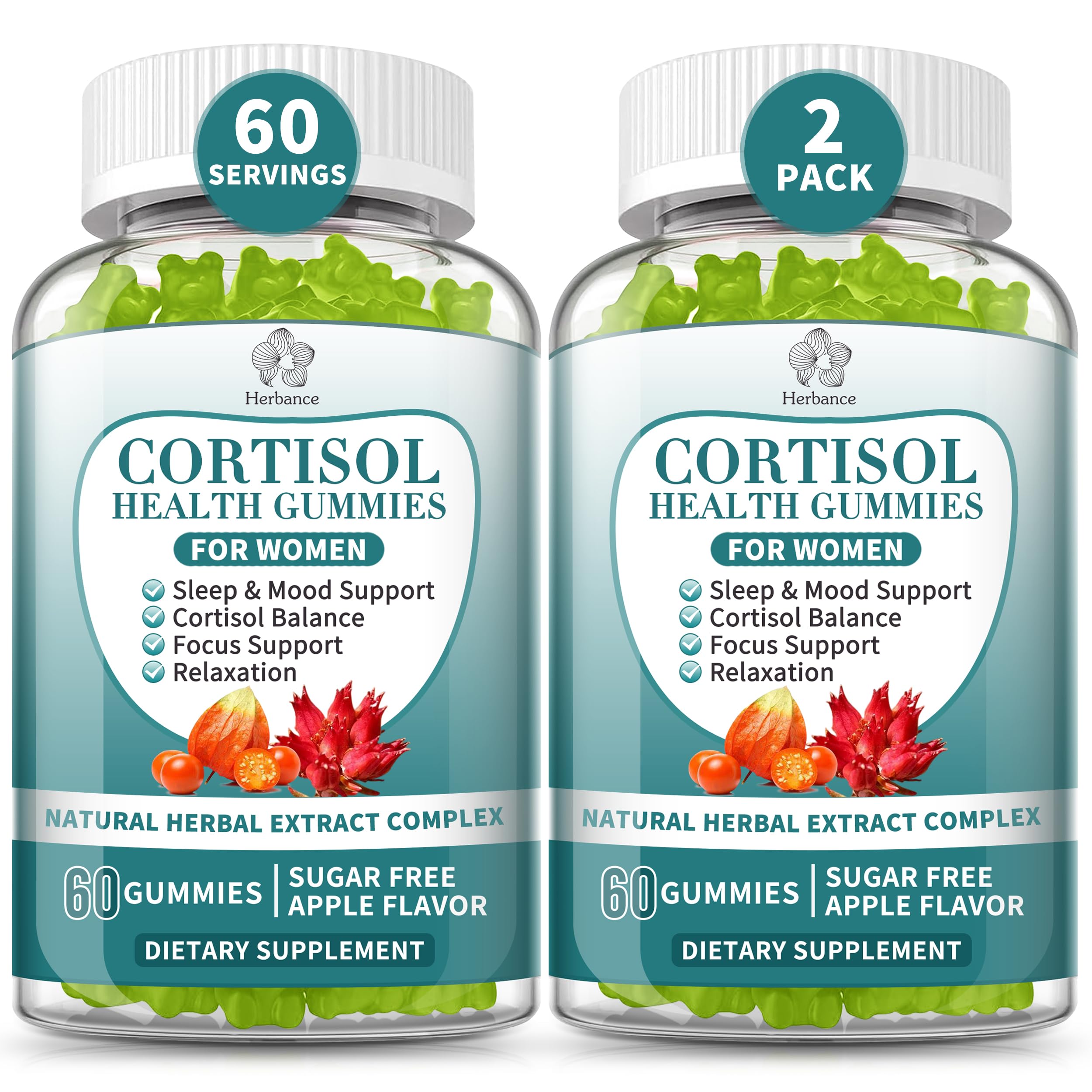 Herbance Cortisol Gummies bottle front promotes natural balance and a calm mood.