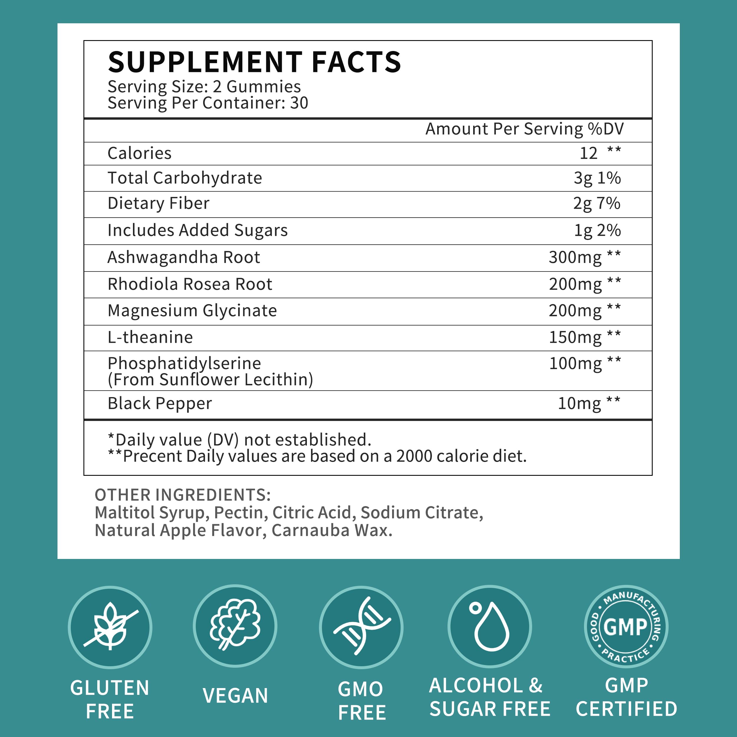 Herbance Cortisol Gummies serving two gummies illustration suggests daily dose.
