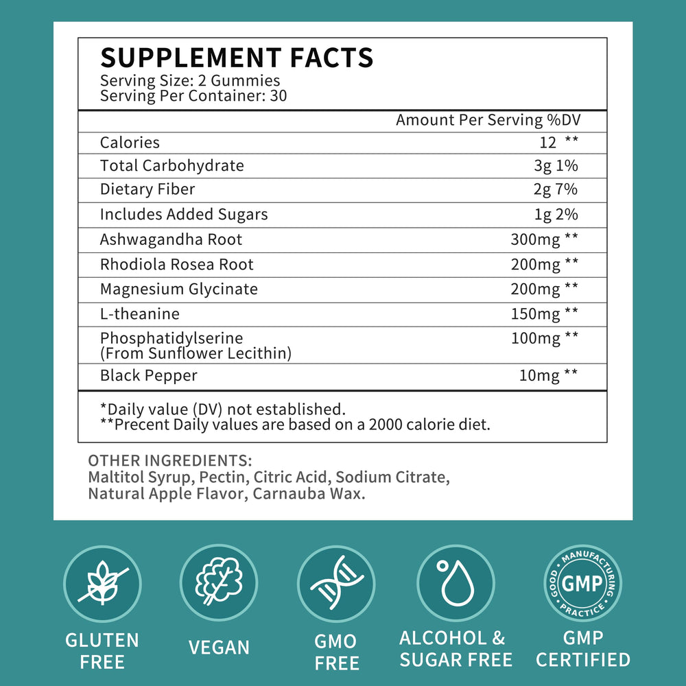 Herbance Cortisol Gummies serving two gummies illustration suggests daily dose.