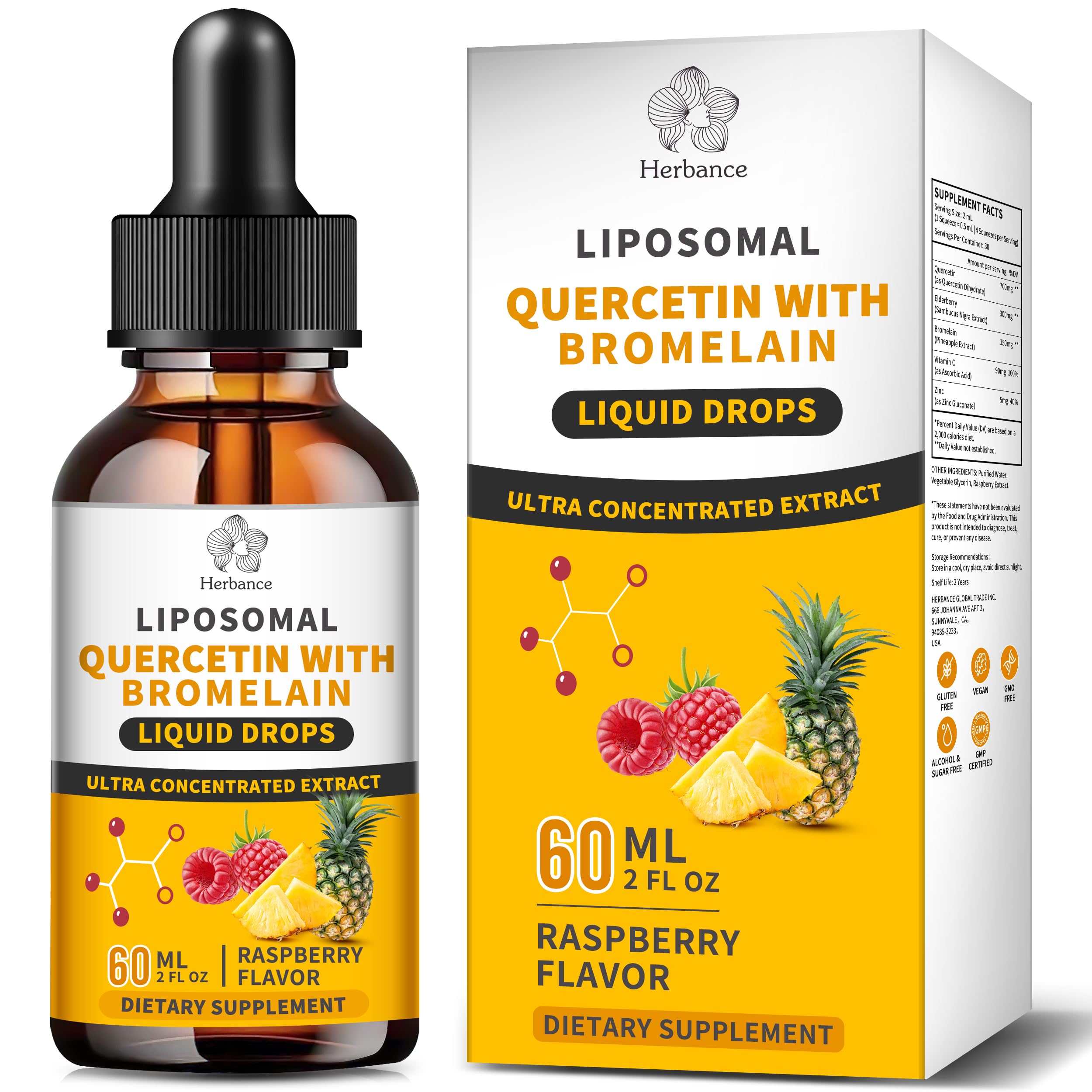 Herbance liposomal quercetin bottle showcases high-absorption antioxidant support.