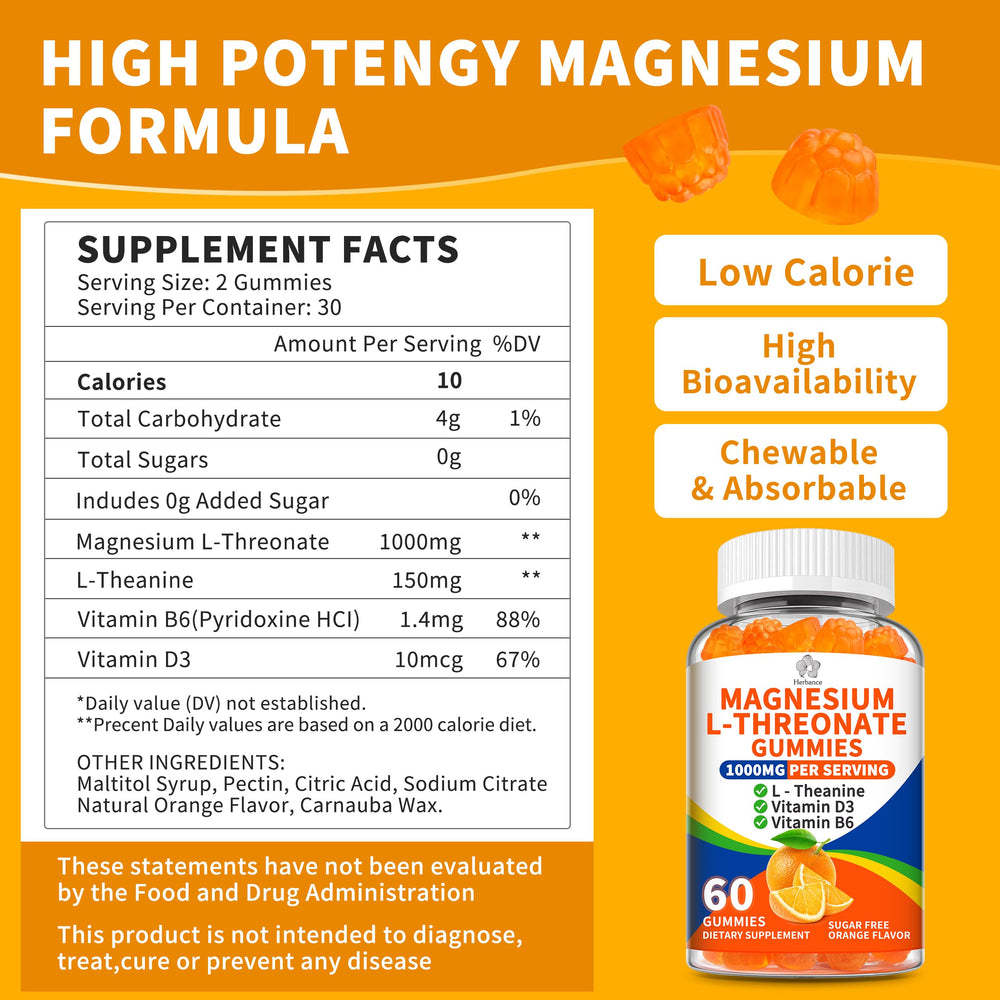 Herbance magnesium-l-threonate gummies bottle back shows ingredients and allergen-friendly formula.