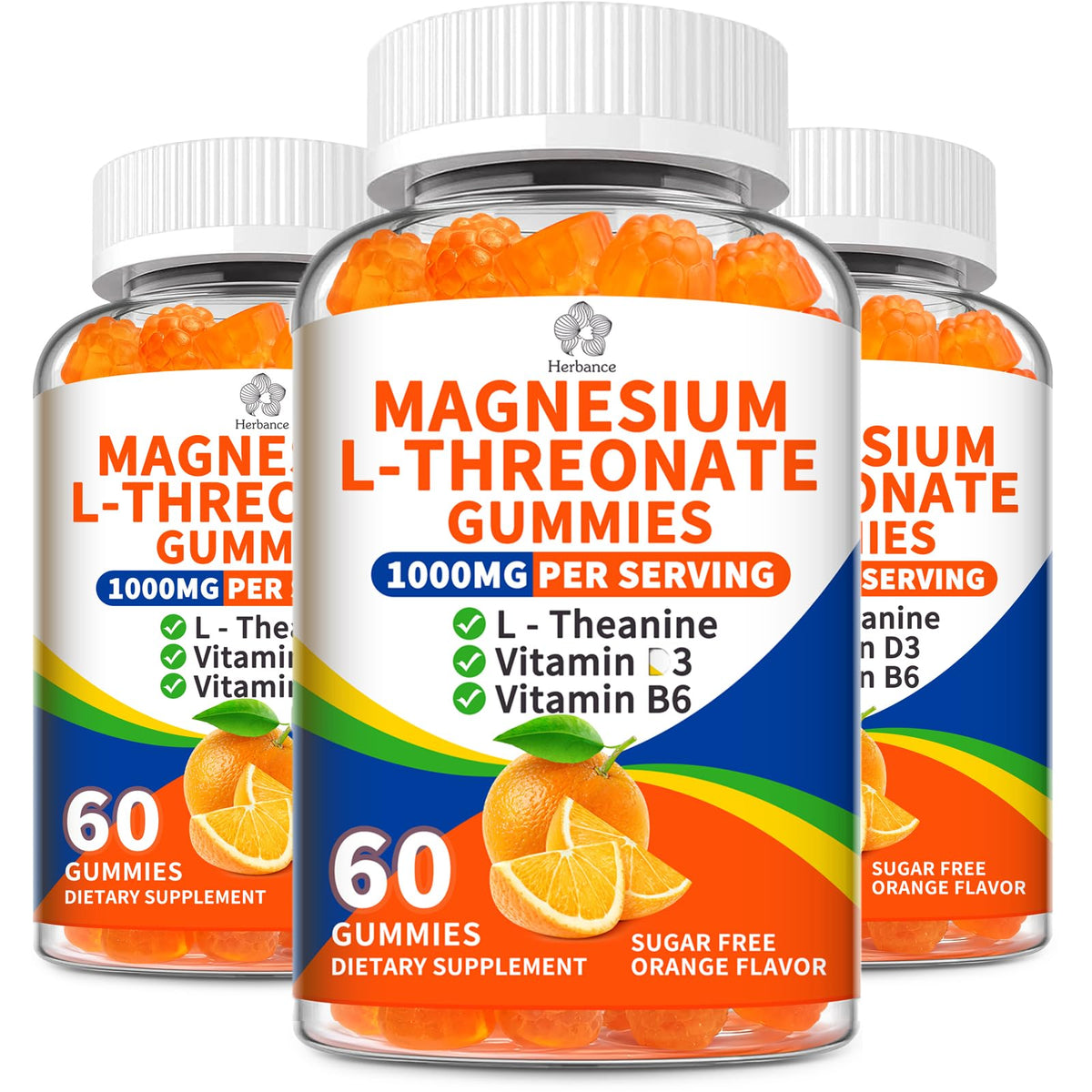 Herbance magnesium-l-threonate gummies bottle front, sugar-free option for daily balance.