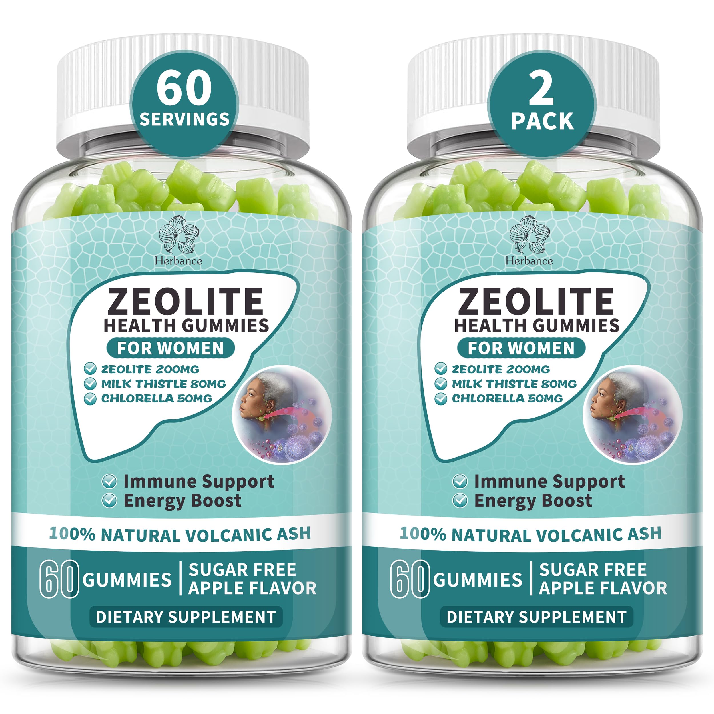 Herbance Zeolite Gummies bottle front featuring apple flavor for easy daily wellness.