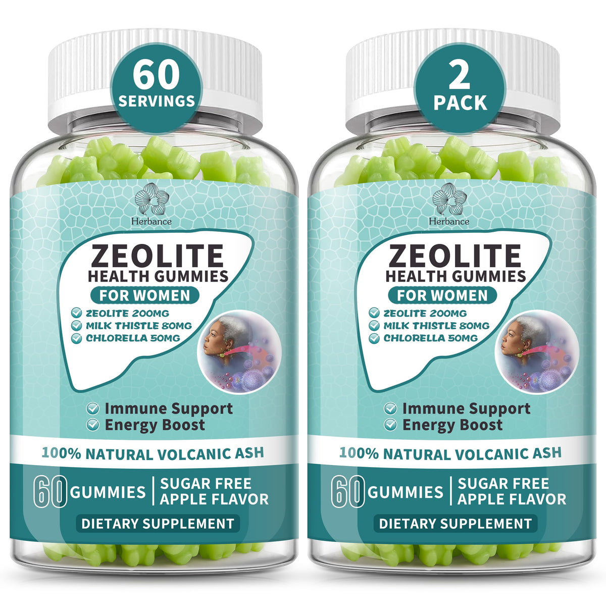 Herbance Zeolite Gummies bottle front featuring apple flavor for easy daily wellness.