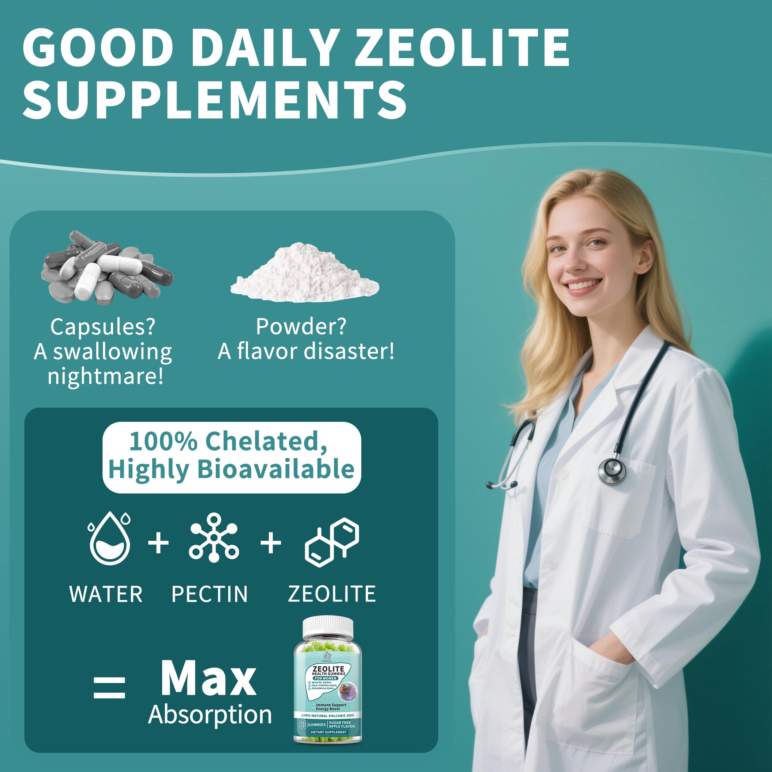 Two gummies daily with water demonstrates easy routine.