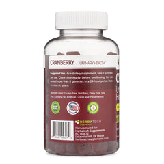 Herbatech Cranberry Gummies bottle with label, emphasizing USA-made manufacturing and ingredients.