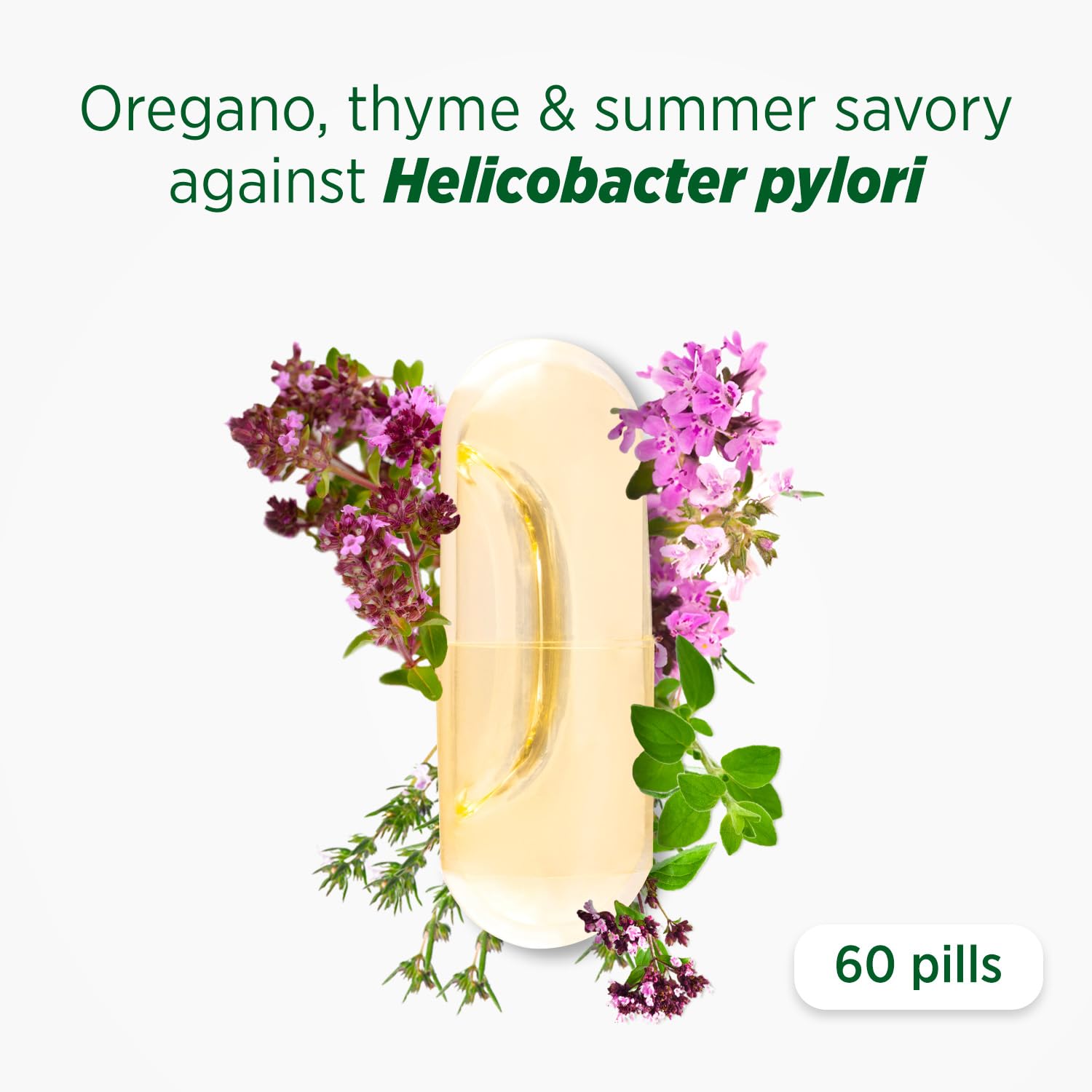 HerbELICO ingredients oregano thyme savory detail highlighting essential oils.