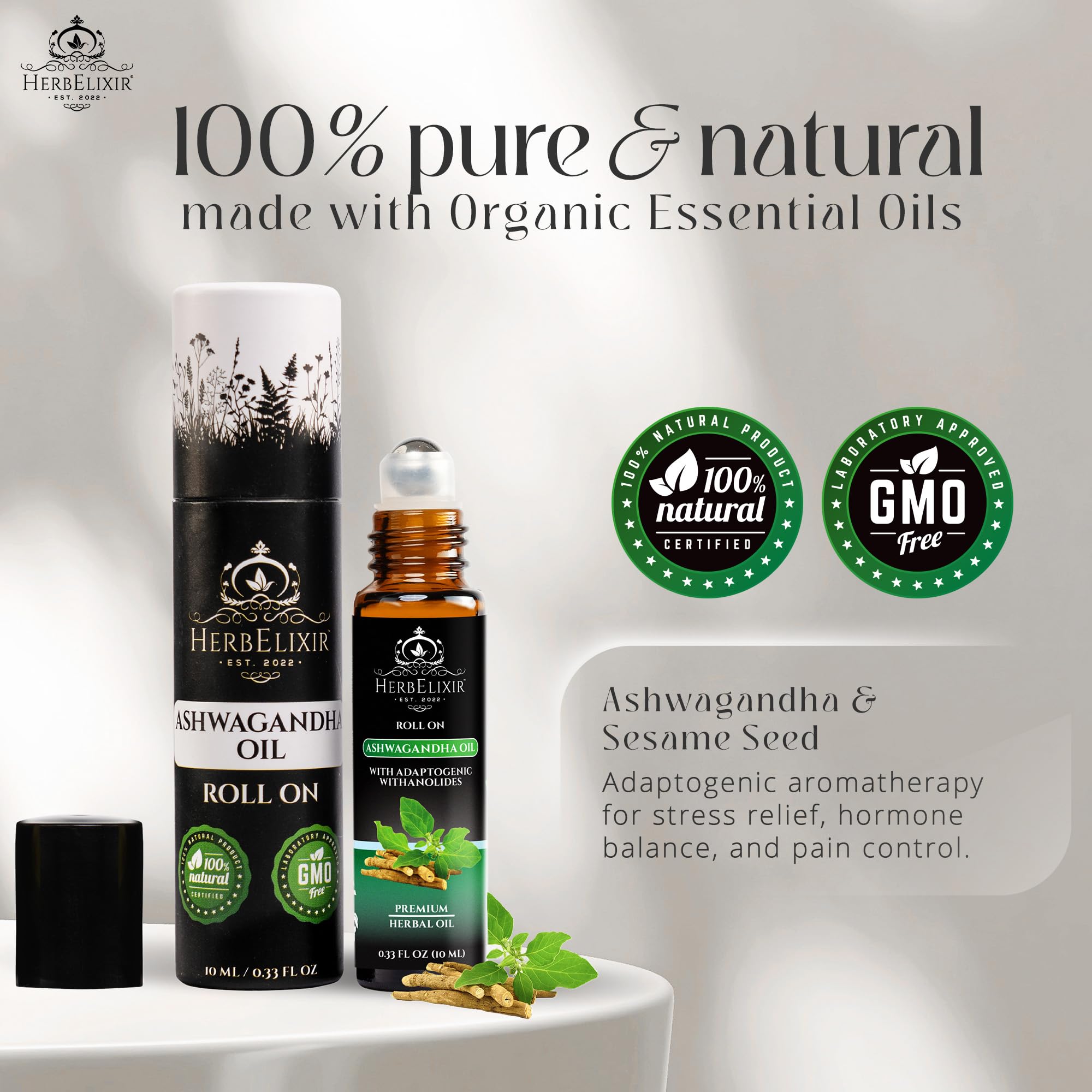 HerbElixir Ashwagandha liquid extract bottle highlighting soothing benefits.