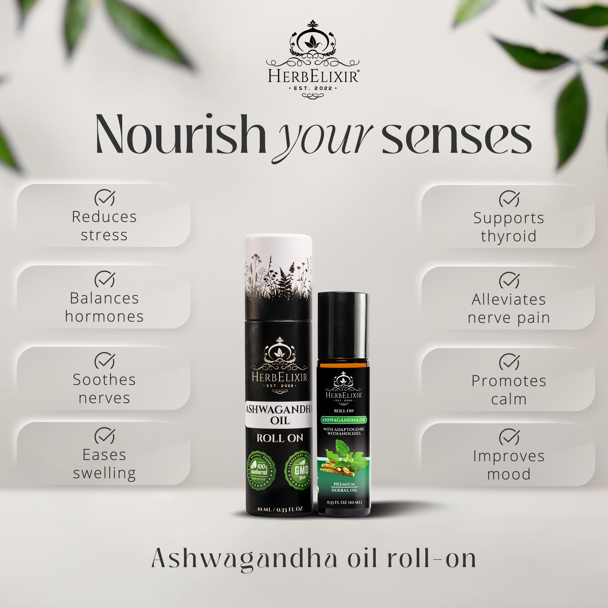 HerbElixir Ashwagandha roll-on application ready for on-the-go calm.