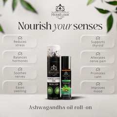 HerbElixir Ashwagandha roll-on application ready for on-the-go calm.
