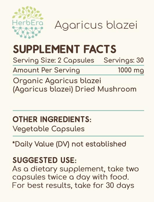 HerbEra Agaricus Blazei label highlighting verified identity and USA production.