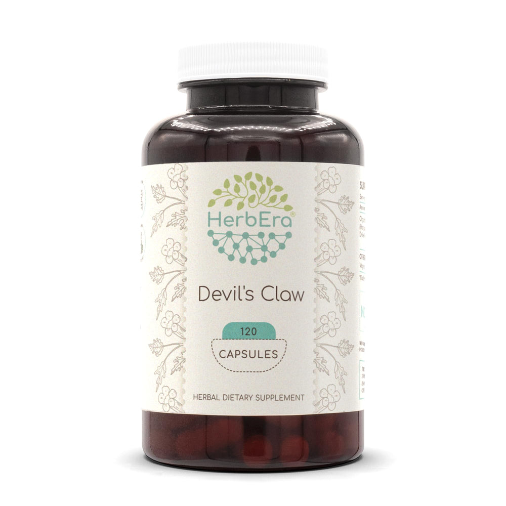 HerbEra Devil's Claw bottle front view showing 120 capsules for daily use
