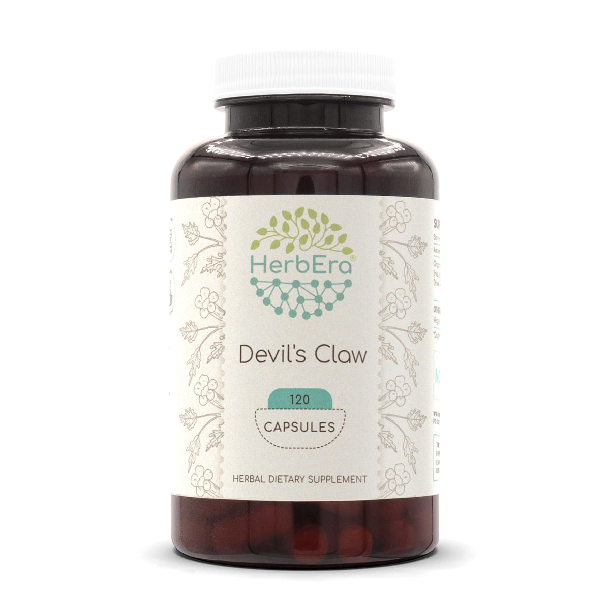 HerbEra Devil's Claw bottle front view showing 120 capsules for daily use