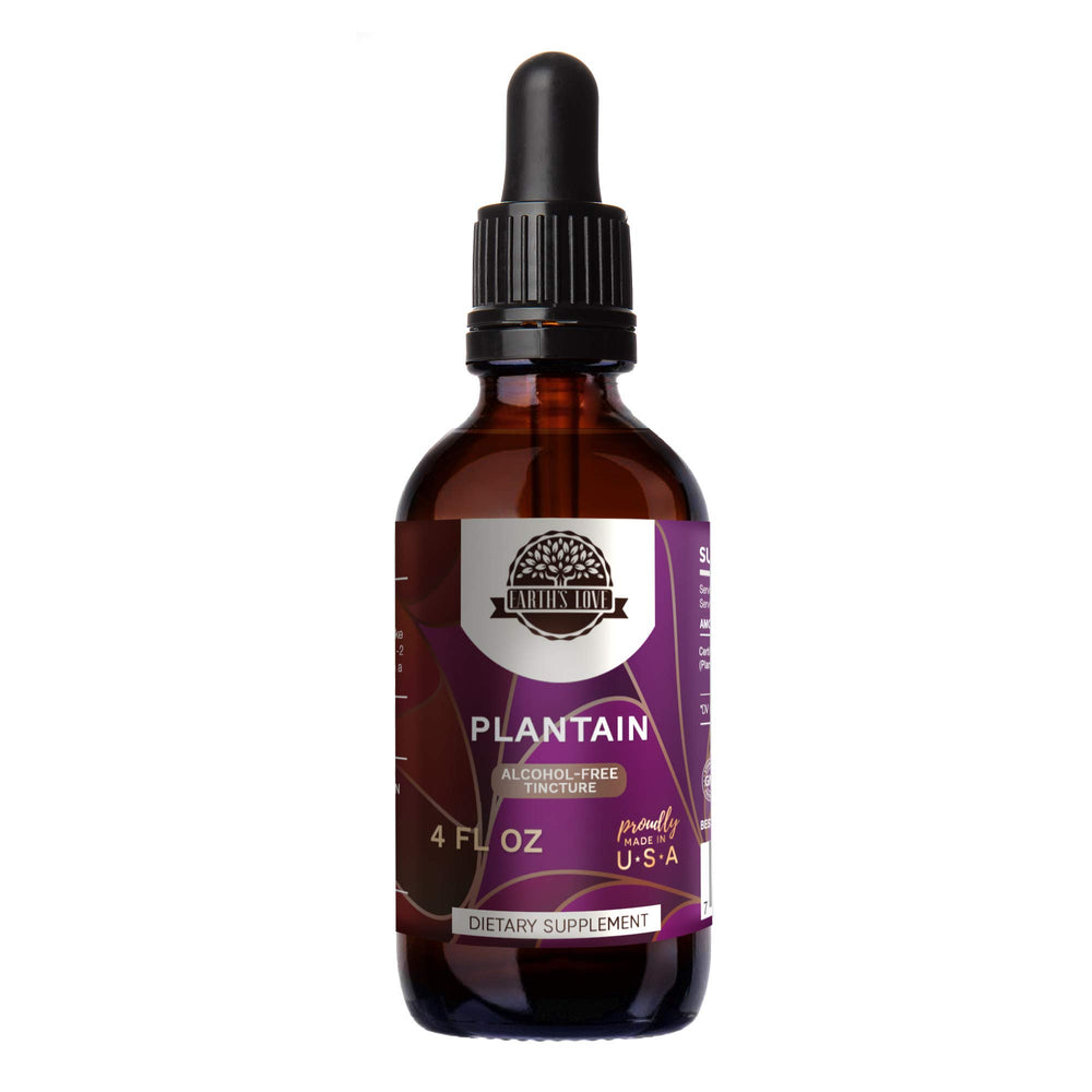 HerbEra Earth's Love bottle with dropper, easy dosing for alcohol-free plantain tincture.