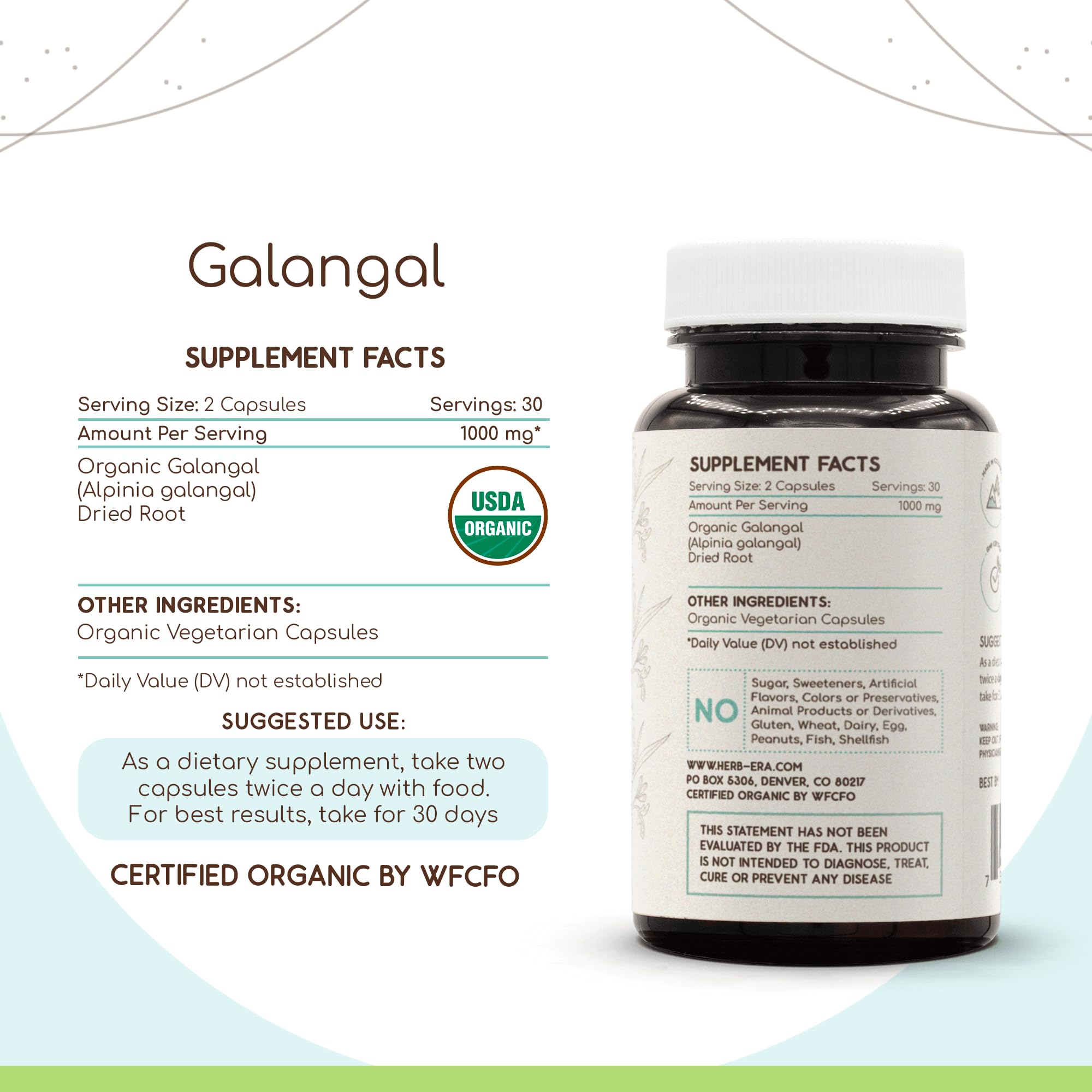 HerbEra Galangal capsules packaging close-up, easy-to-use daily supplement.