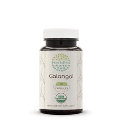 HerbEra Galangal organic capsules on bottle for convenient daily herbal support.