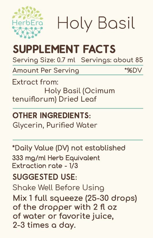 HerbEra Holy Basil B60 ingredients panel highlights verified herb identity