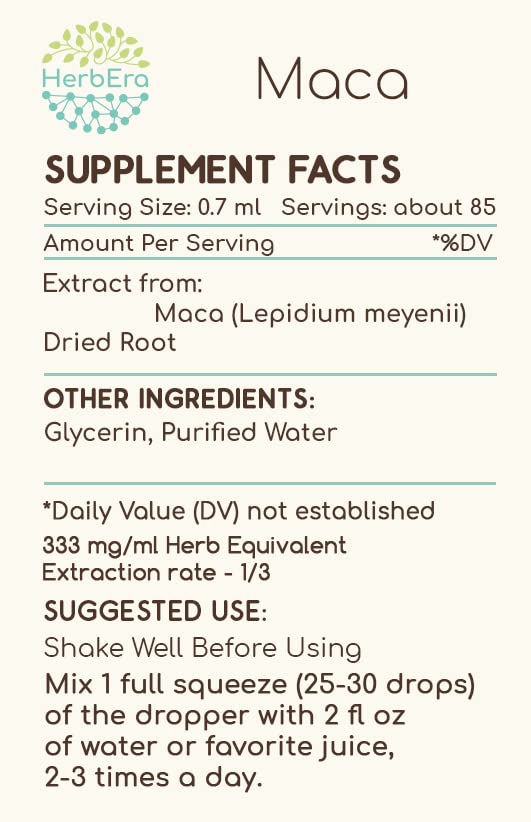Label emphasizes natural ingredients and USA-made quality from Herbera Maca B60.