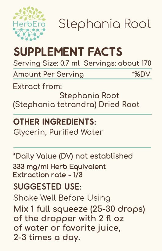 HerbEra Stephania Root label detail highlights alcohol-free herbal extract