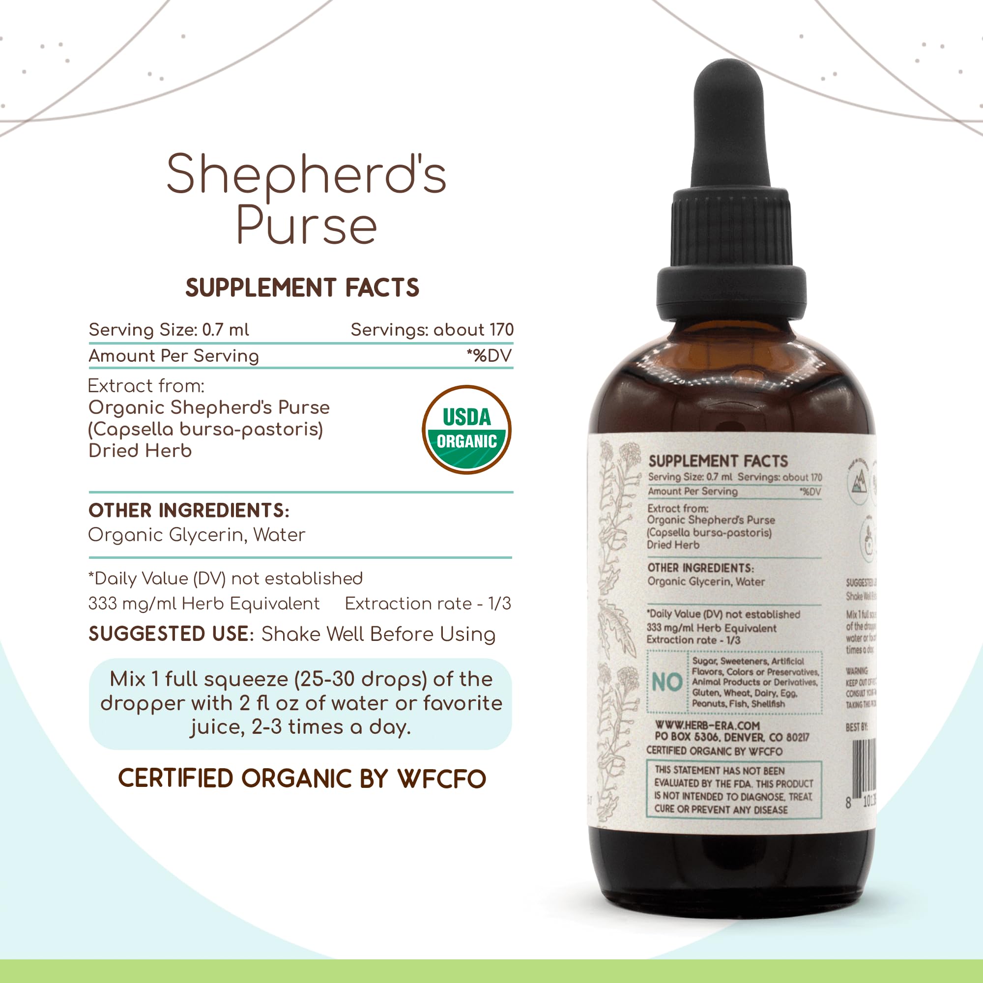 Close-up of HerbEra tincture label showing organic quality and verification.