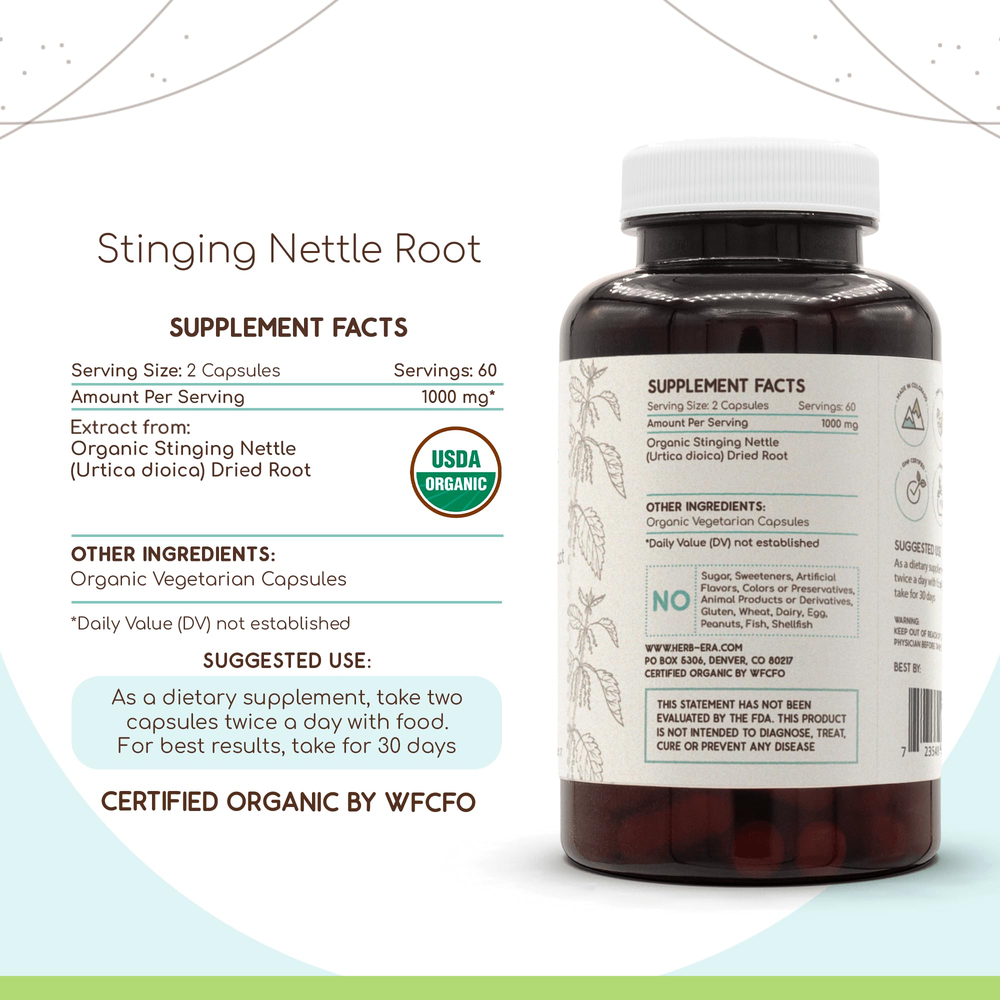 HerbEra USDA Organic label close-up indicating quality and organic nettle root.