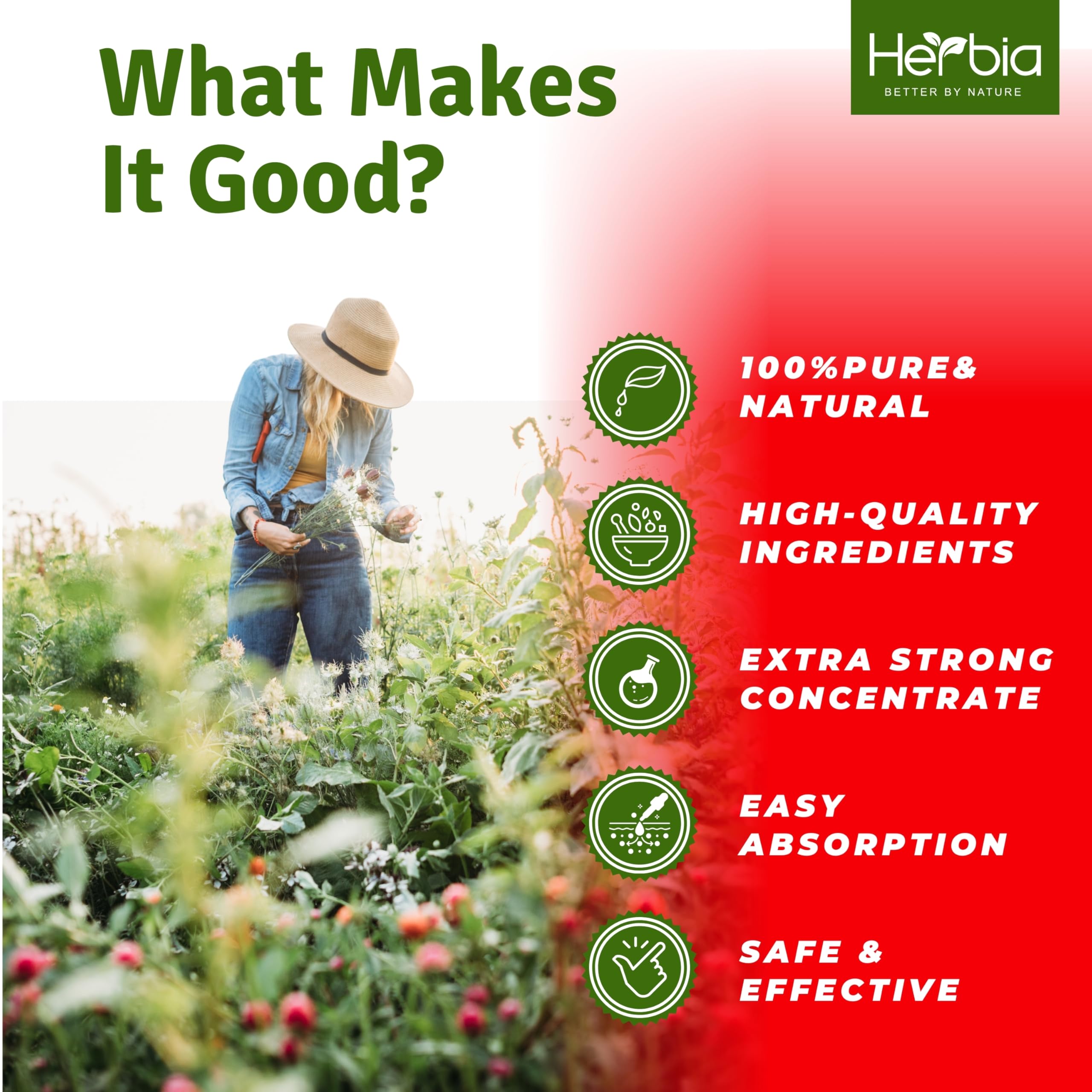 HERBIA drops diluted in water for easy daily dosing.