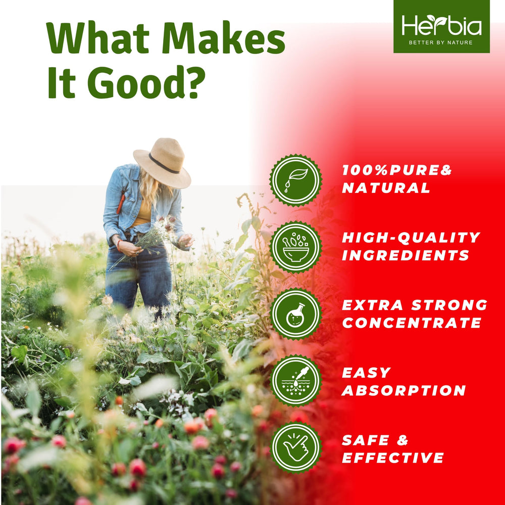 HERBIA drops diluted in water for easy daily dosing.