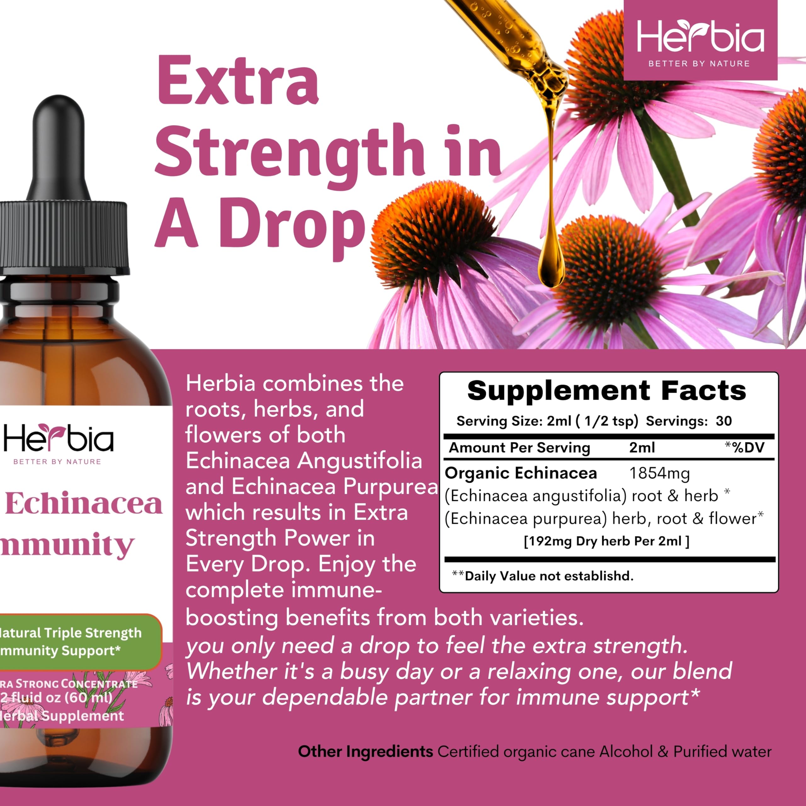 HERBIA echinacea roots, herbs, and flowers for immune support.