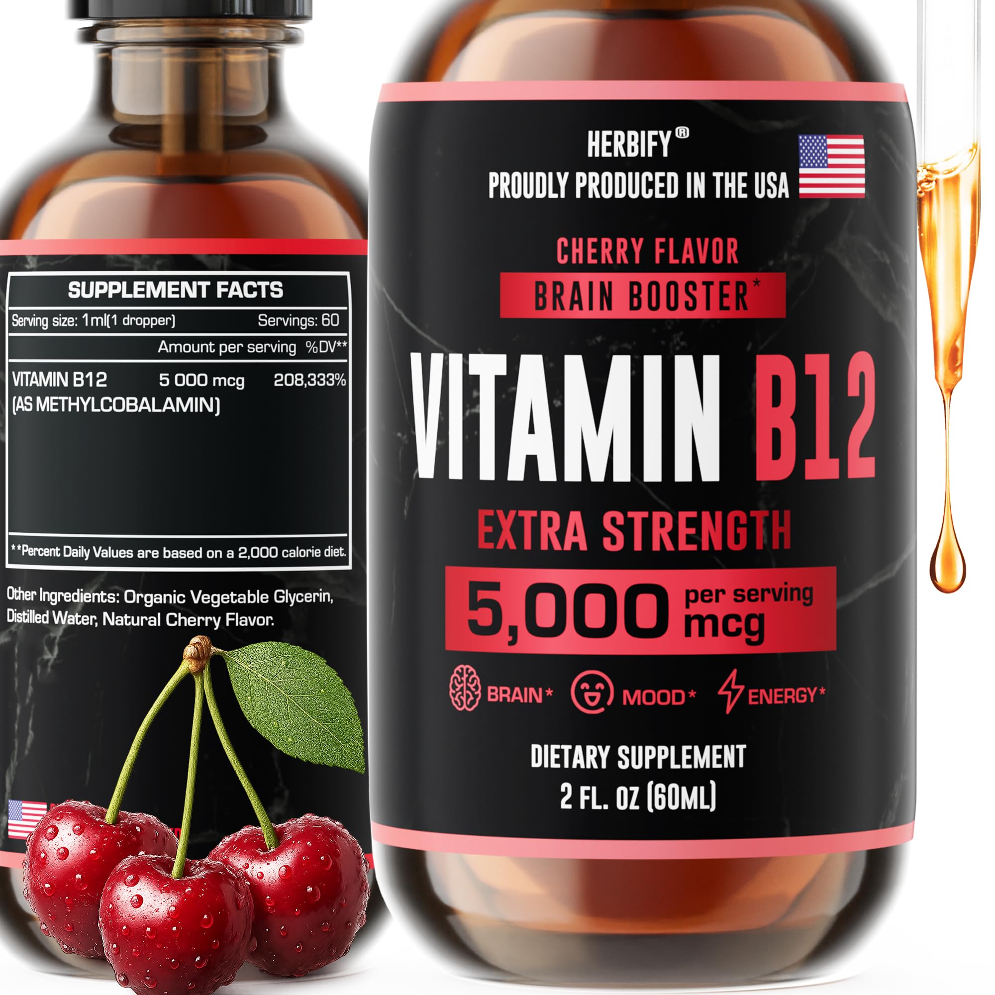 HERBIFY B12 liquid bottle for easy daily energy support.