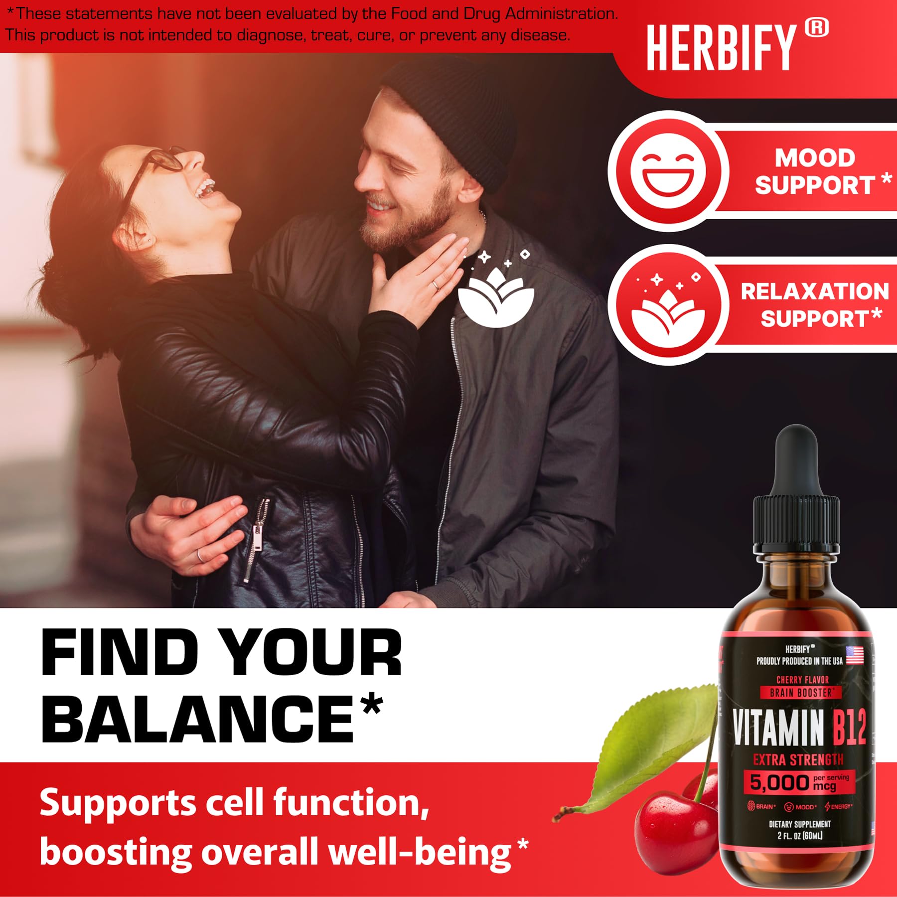 HERBIFY B12 bottle close-up emphasizes premium methylcobalamin for quick absorption.