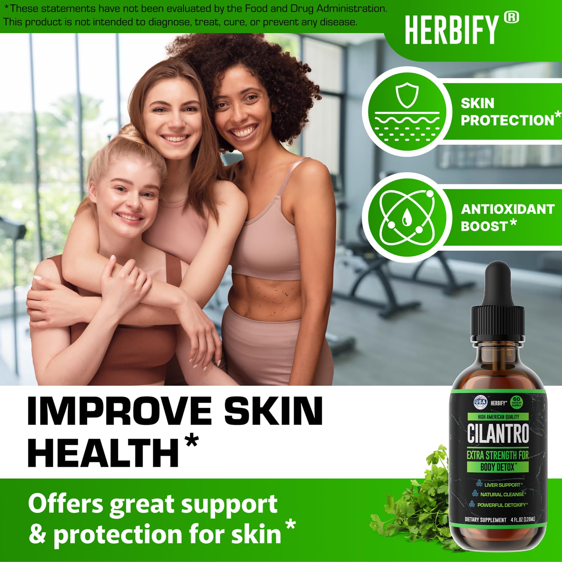 Close-up of HERBIFY cilantro tincture label emphasizes USA-made quality.