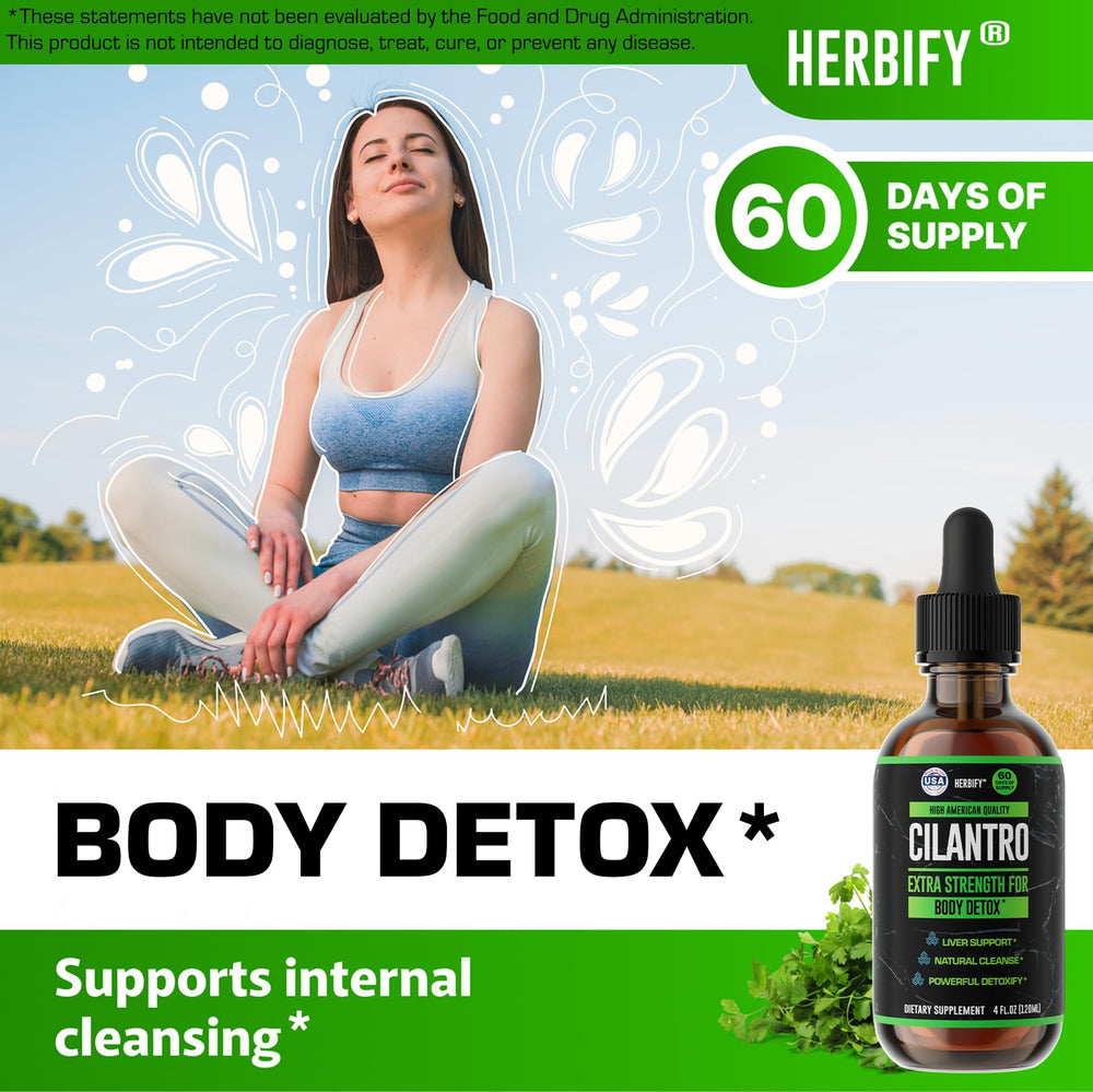 HERBIFY cilantro tincture pour shows easy dosing for detox and vitality.