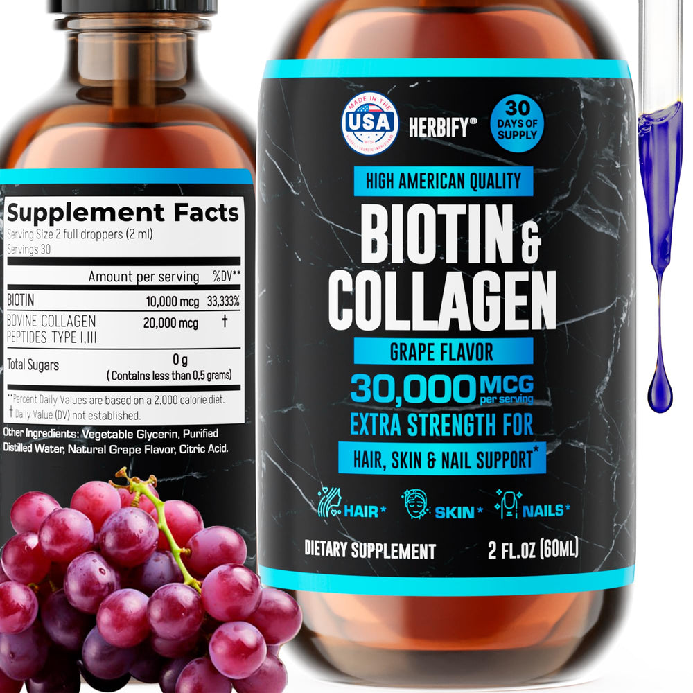 HERBIFY collagen biotin liquid bottle pour for easy daily use and hair support