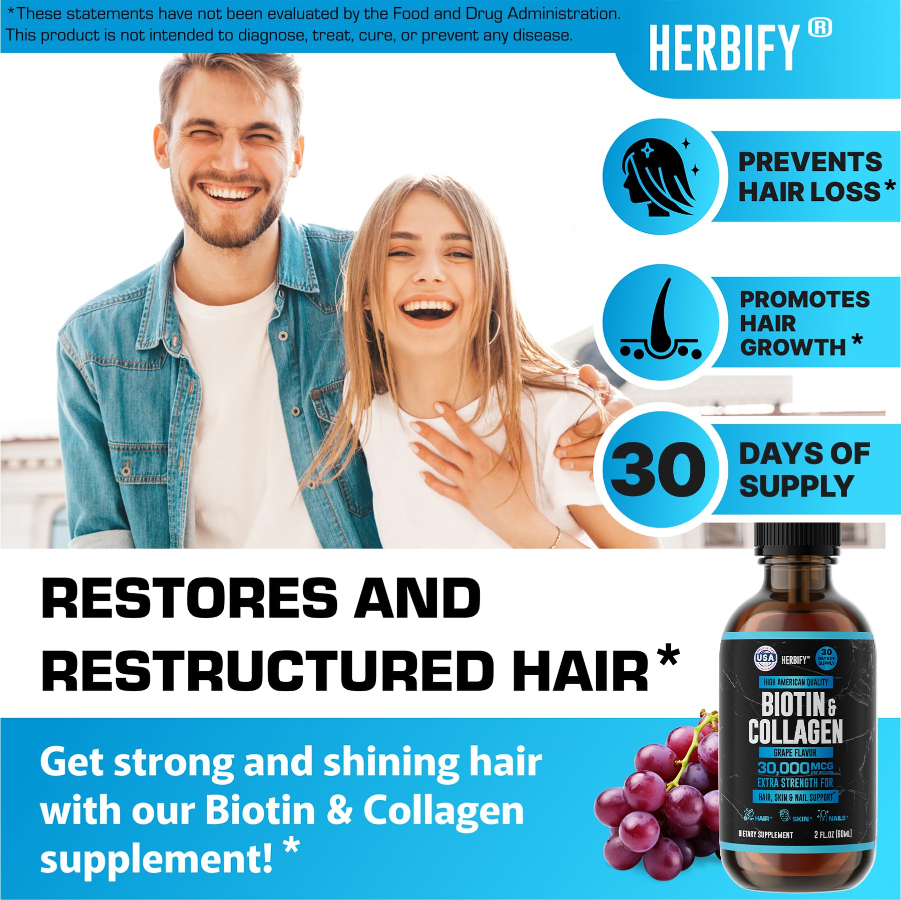 HERBIFY collagen biotin liquid hair closeup suggesting fuller strands