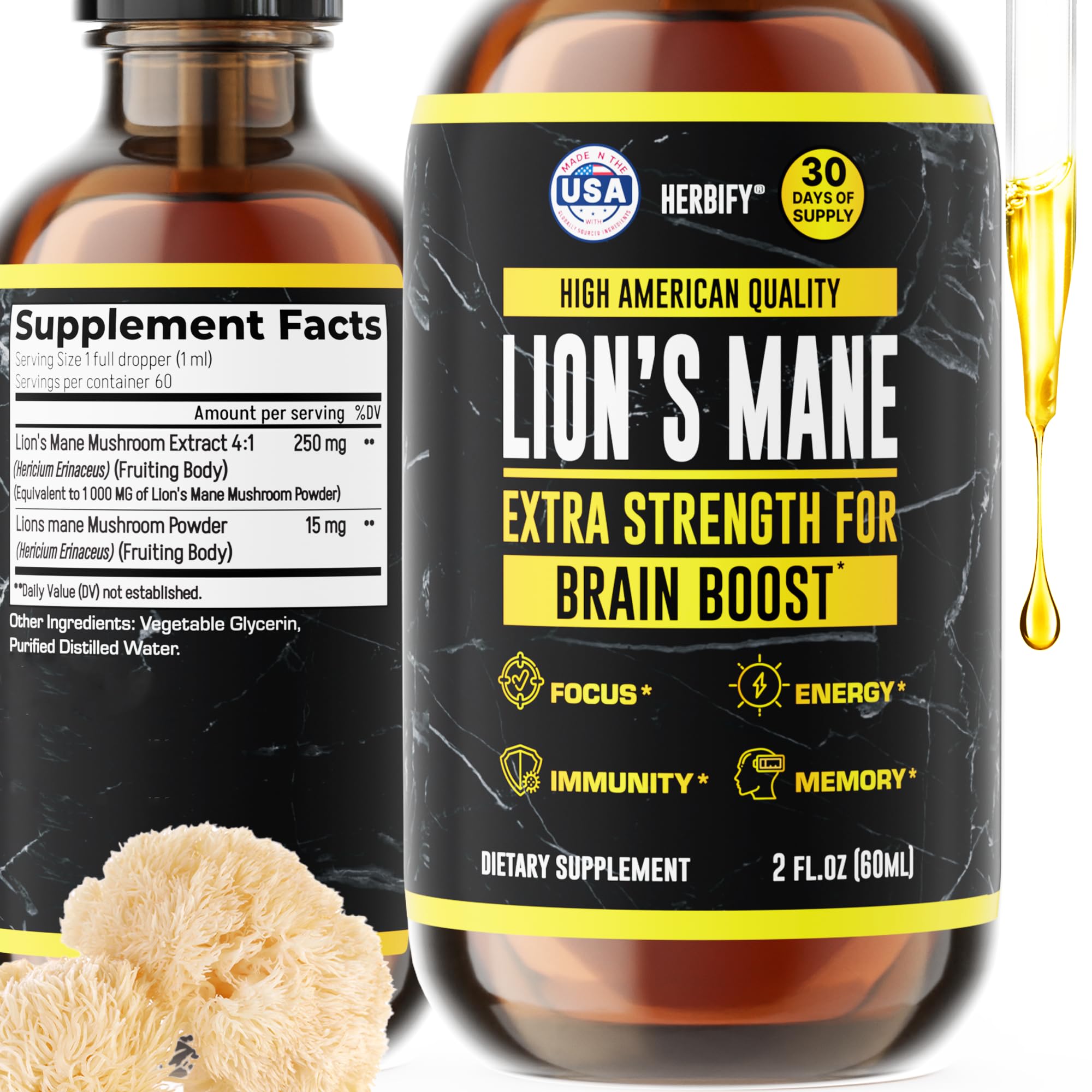 HERBIFY Lions Mane drops bottle for daily brain support and immune health