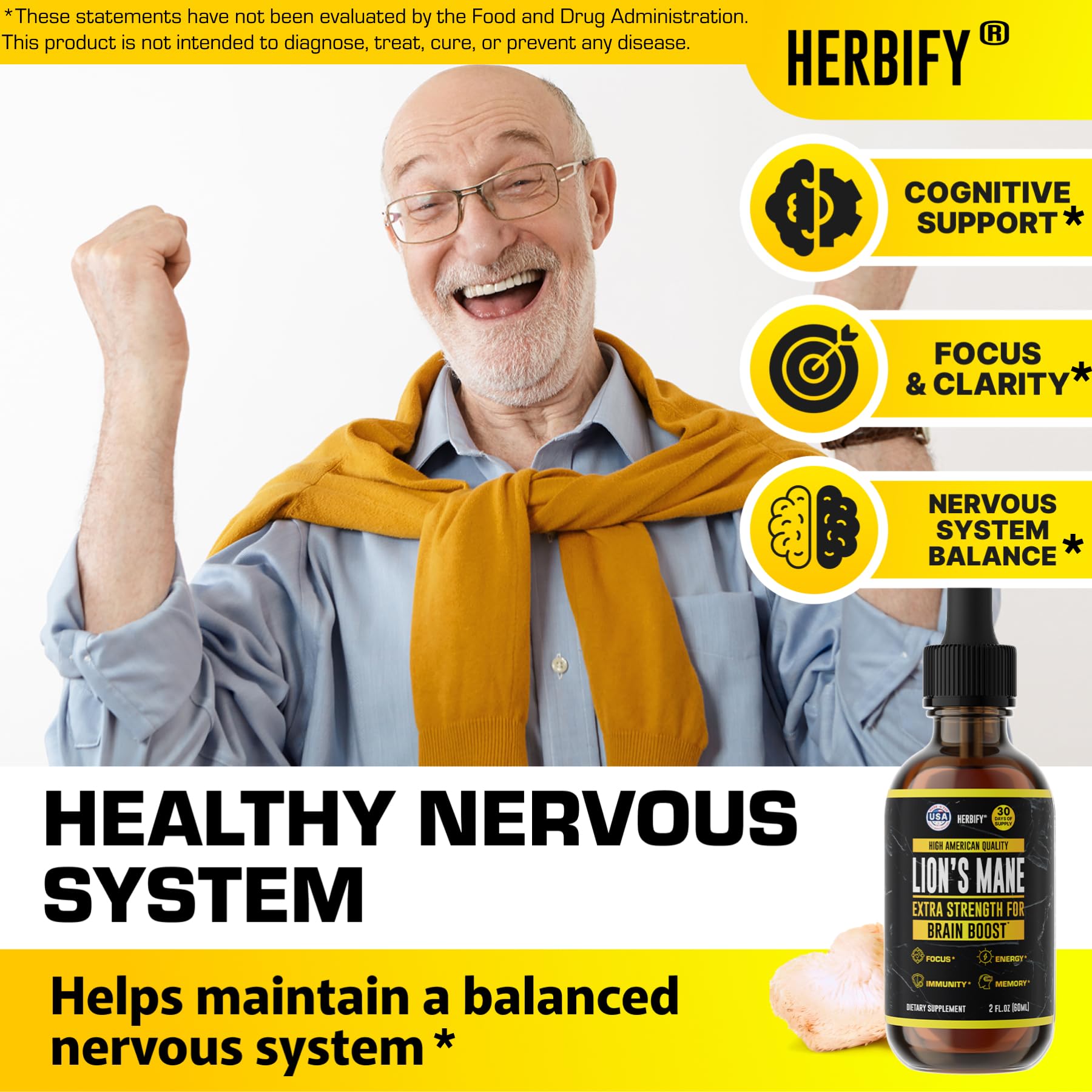 HERBIFY Lions Mane drops label closeup highlights premium wild ingredients and USA production
