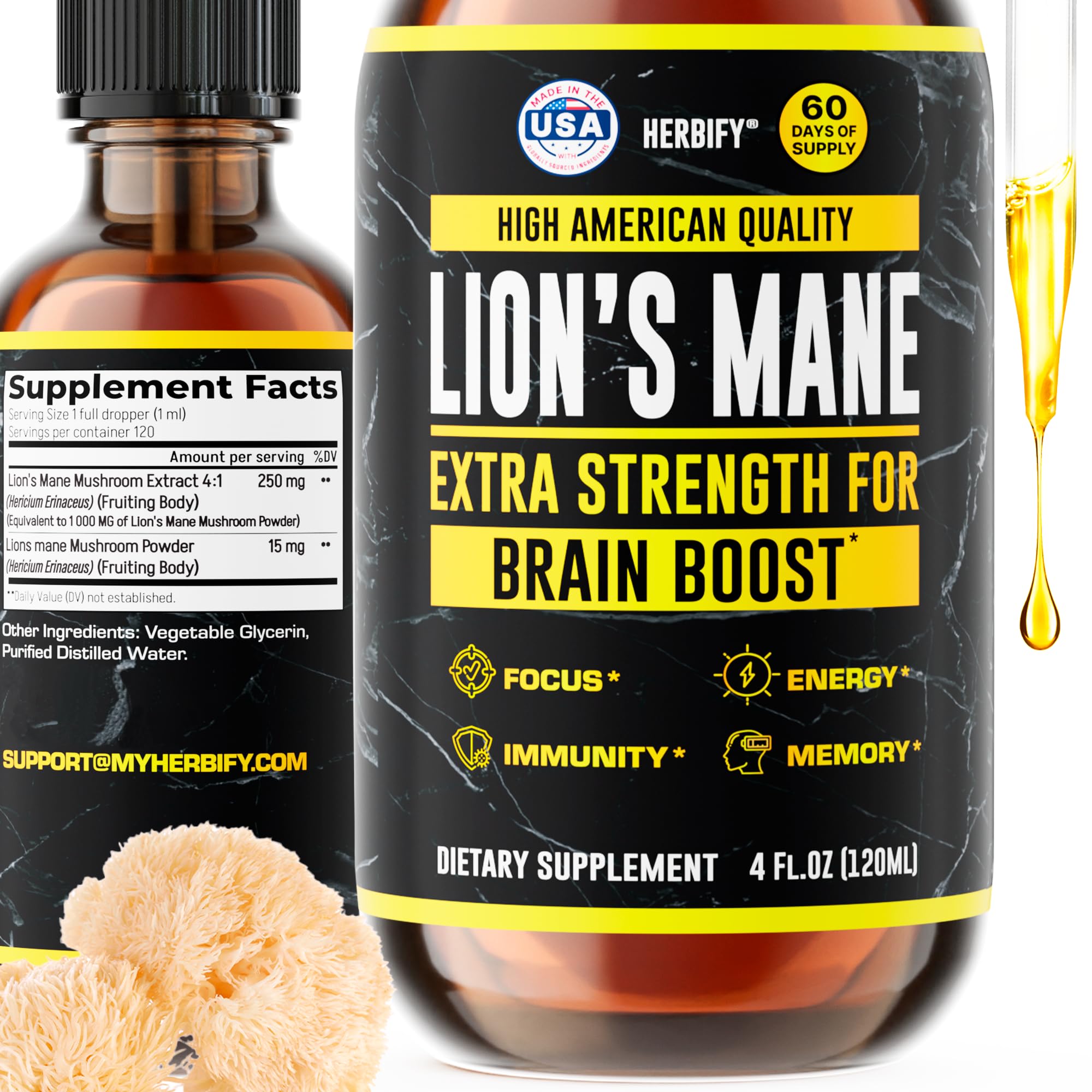 HERBIFY Lions Mane extract bottle showing premium liquid formula for daily focus.