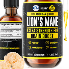 HERBIFY Lions Mane extract bottle showing premium liquid formula for daily focus.