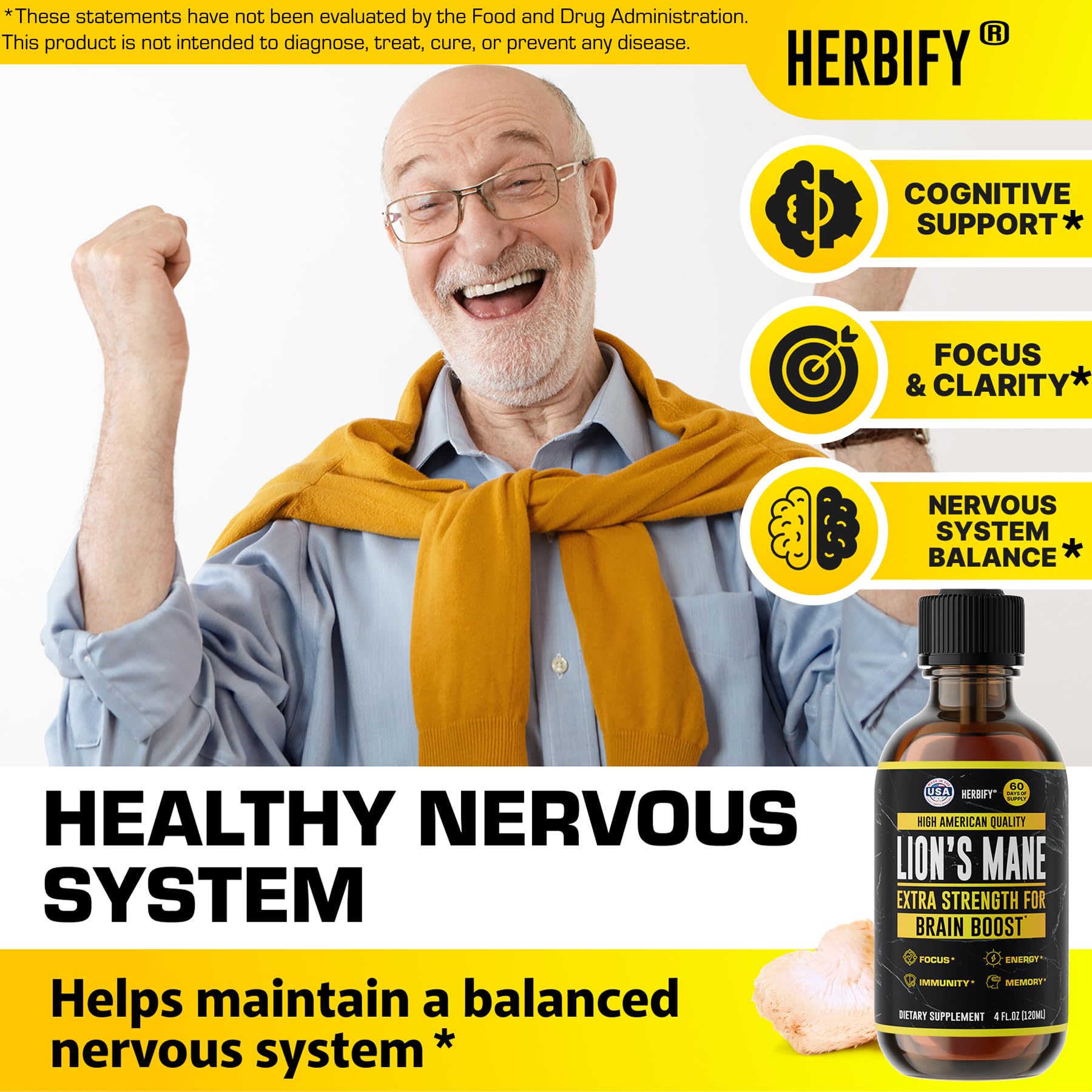 Glass dropper with HERBIFY Lions Mane supports mood and mental sharpness.